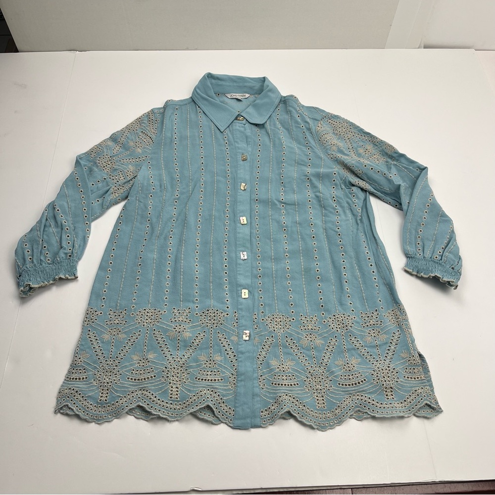John Mark Light Blue Eyelet Button-Front Women's Small Top Shirt Bohemian *FLAW